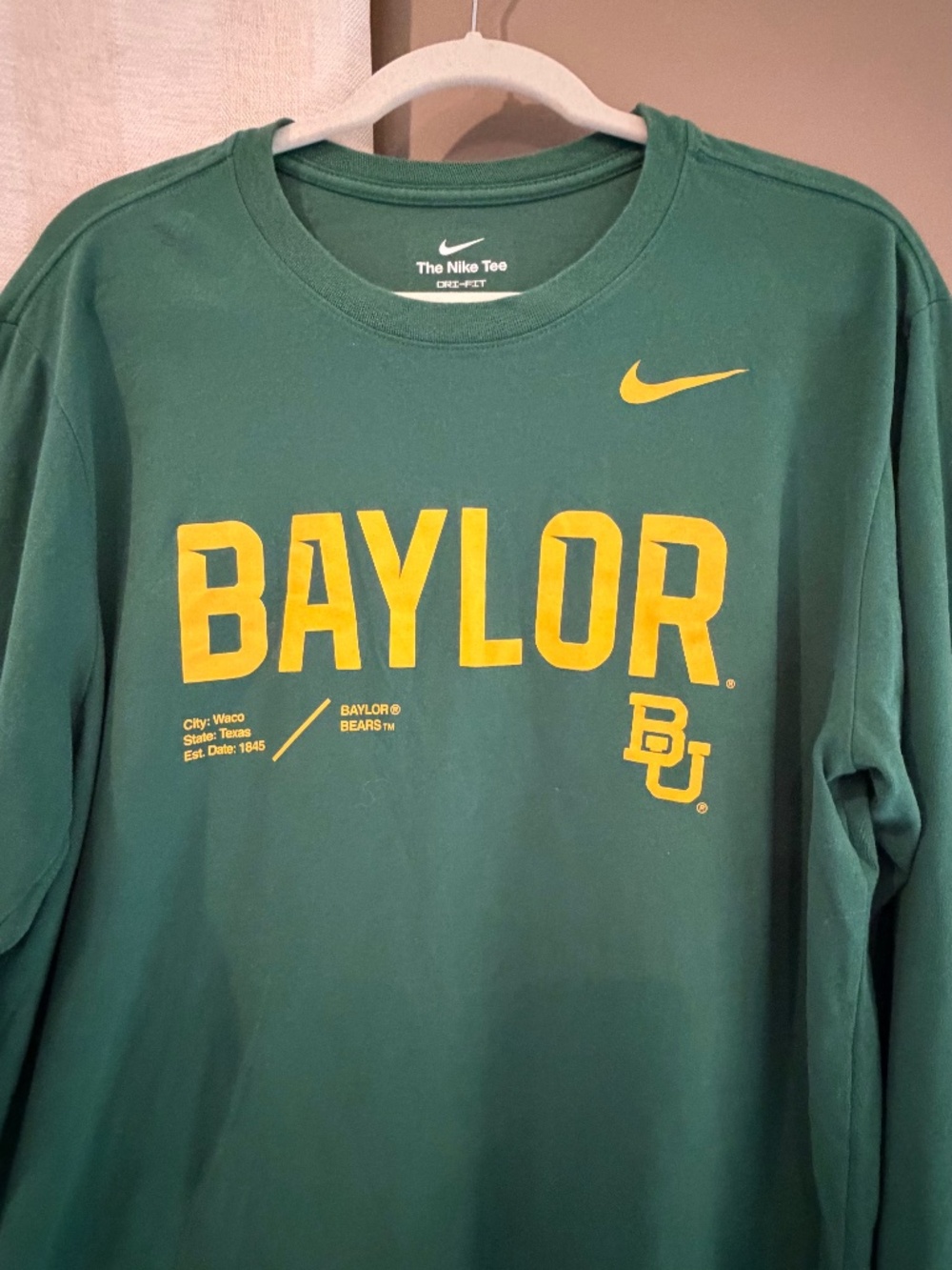 Nike Baylor University Green & Yellow Spellout Long Sleeve Cotton T-shirt, Size - Picture 2 of 8